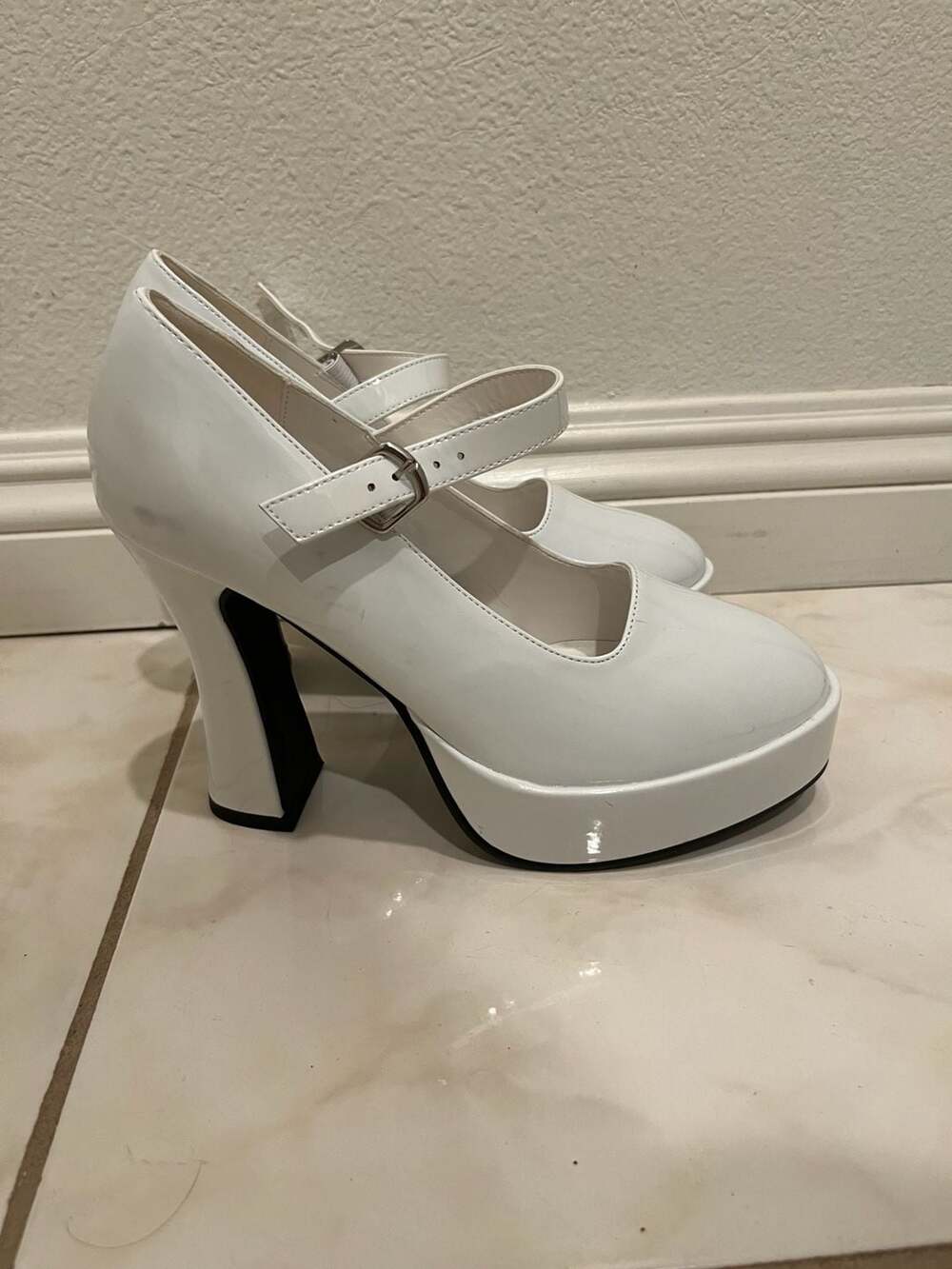 Ellie Shoes White Patent Platform Mary Jane Block Heels